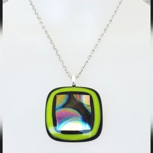 Dichroic Art Fused Glass Large Pendant Necklace Green Blue Purple Artisan Unique